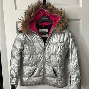 Bogner Silver Puffer Jacket with Faux Fur Hood